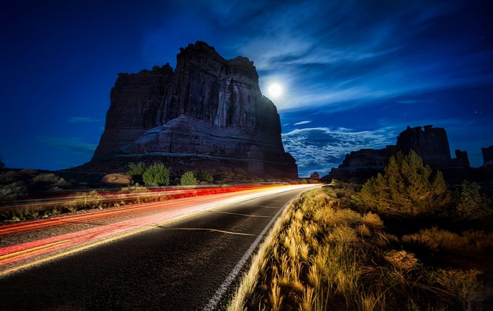 Night road through Arches National Park, Utah