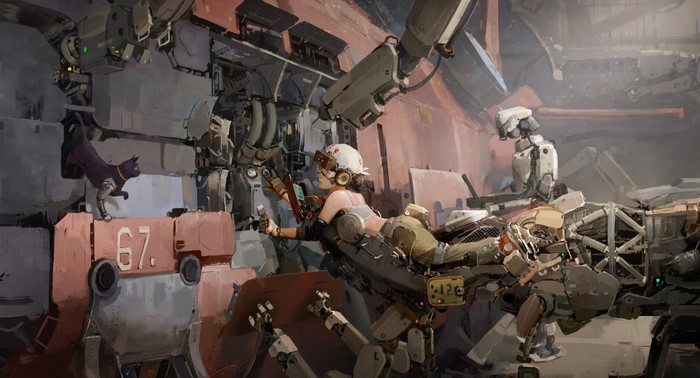 Futuristic artwork of a soldier with mecha and cats