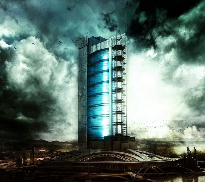 Futuristic skyscraper in a dark, stormy cityscape