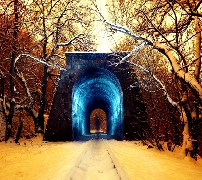 Snowy tunnel with trees and a figure