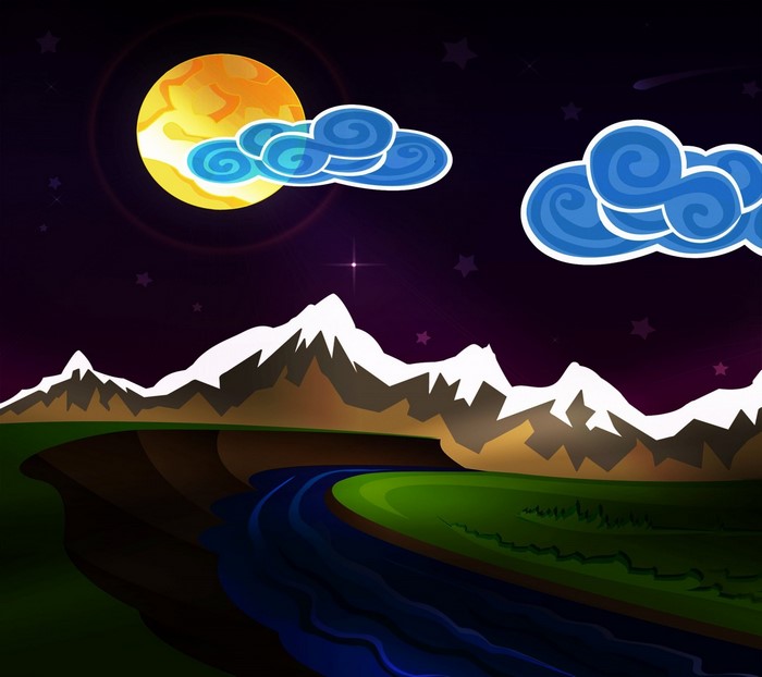 Night landscape with moon, mountains, and river