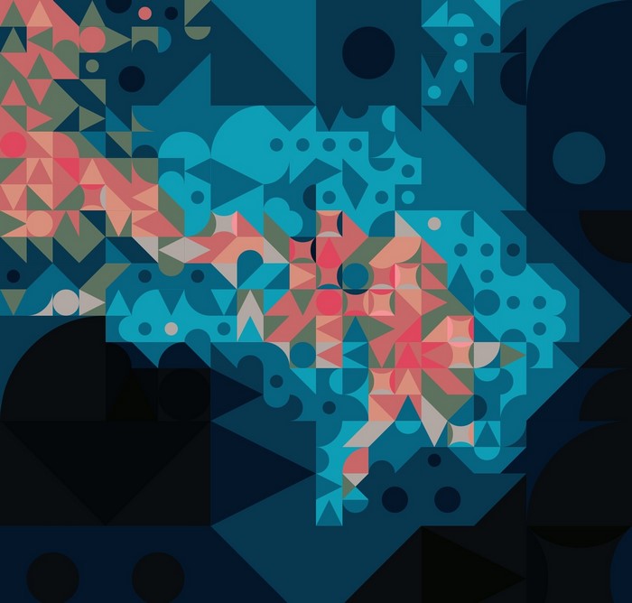 Abstract geometric digital art with pink and blue shapes