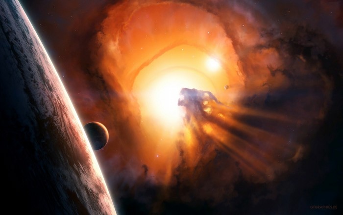 Explosion in a colorful nebula with planets