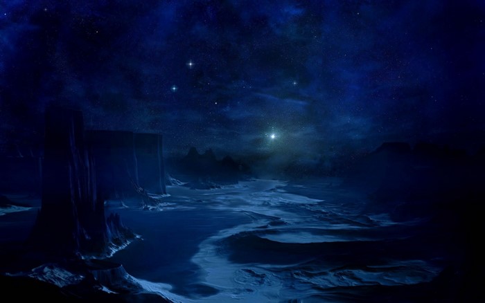 Alien landscape under a starry night sky