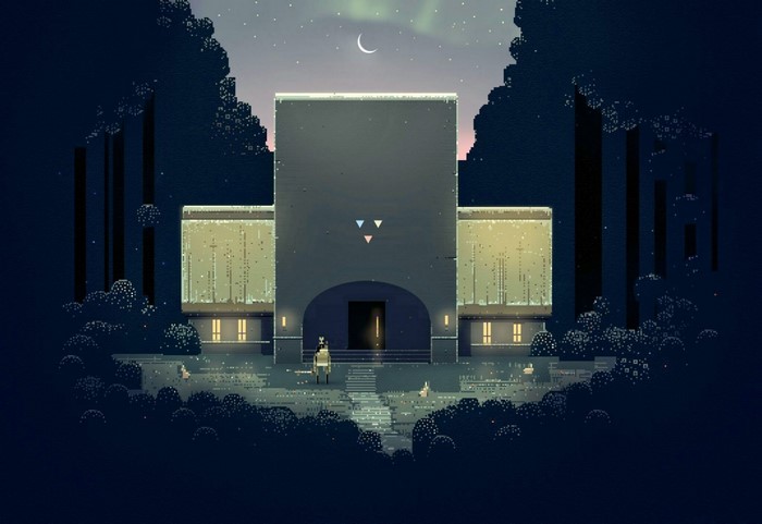 Pixel art of a building at night with a crescent moon