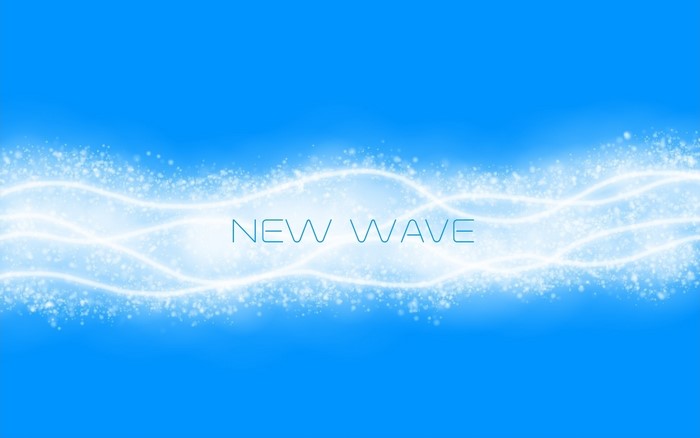 New Wave typography on a blue background with light waves