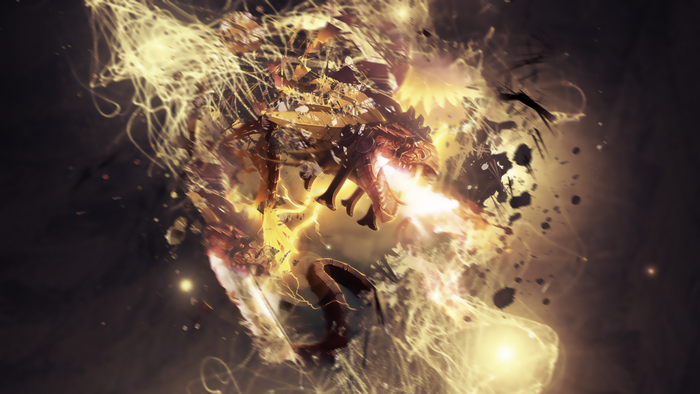 Dragon breathing fire with sparks and light effects
