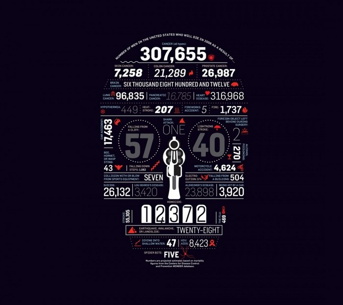 Skull infographic of US male deaths in 2008
