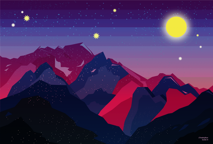 Stylized mountain range under a starry night sky with a large moon