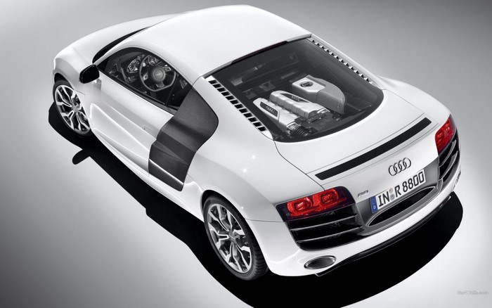 White Audi R8 V10 Coupe with exposed engine