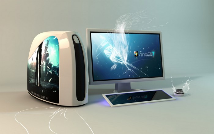 Windows 7 PC setup with custom case and monitor