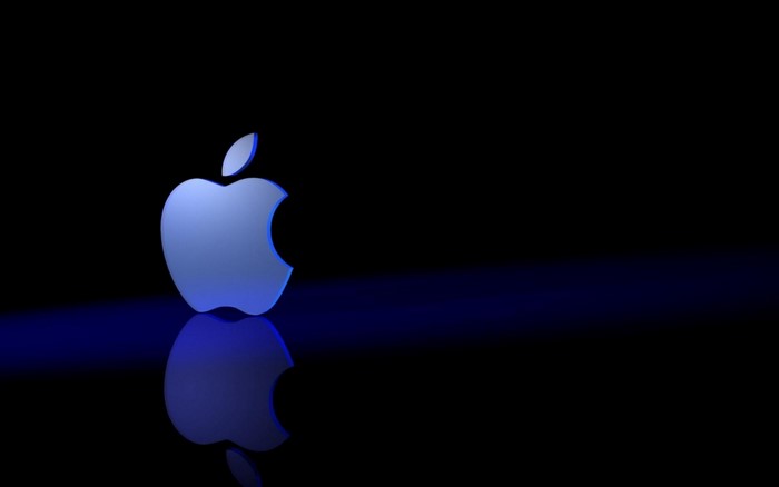 Blue Apple logo with reflection on black background