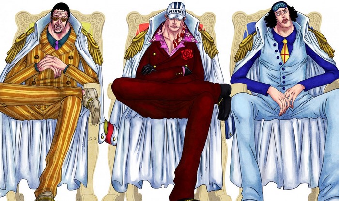 Three Marines from One Piece sitting on chairs