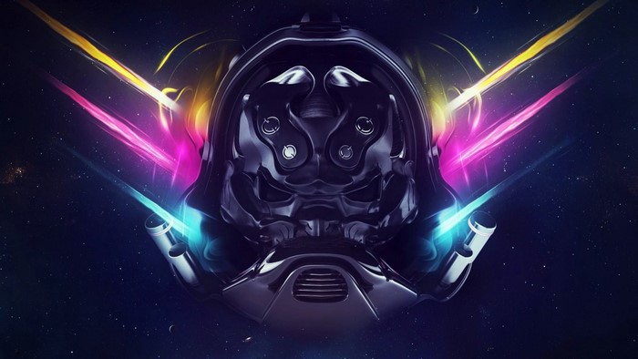 Abstract helmet with colorful light streaks in space