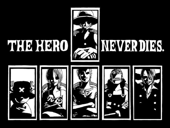 One Piece characters with text 'The Hero Never Dies'