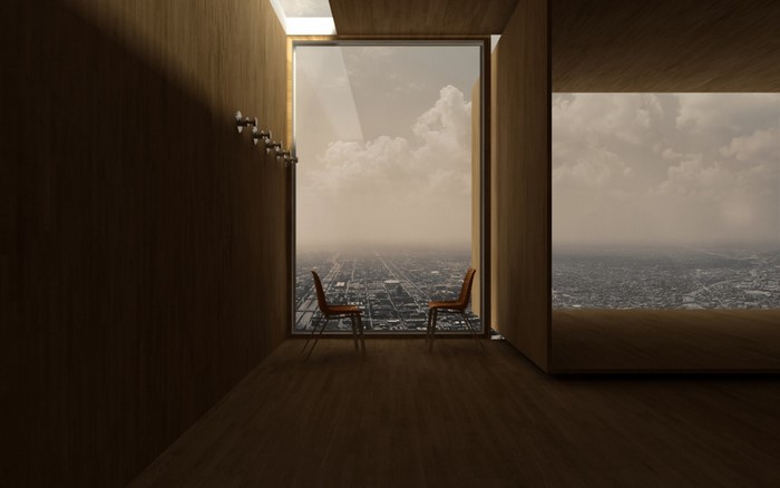 Modern room with city view and chairs