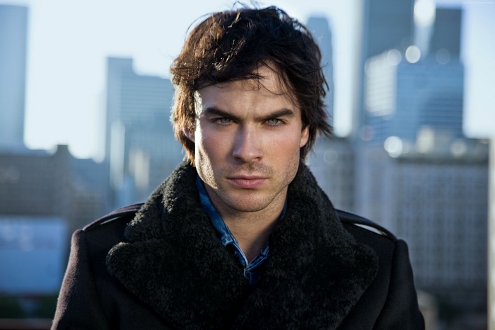 Ian Somerhalder wearing a black coat