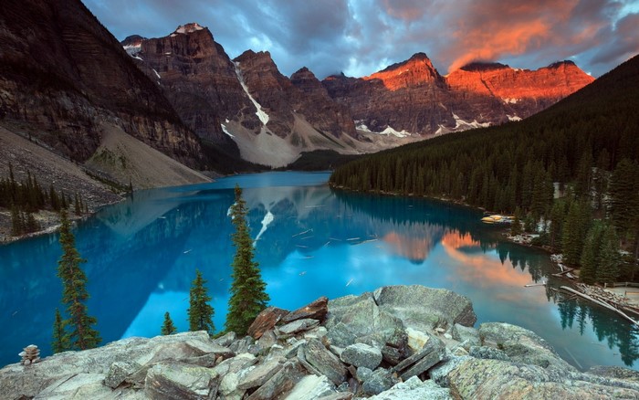 Moraine Lake and Mountains at Sunset