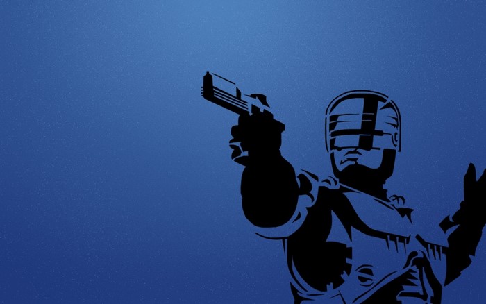 RoboCop holding a gun on a blue background