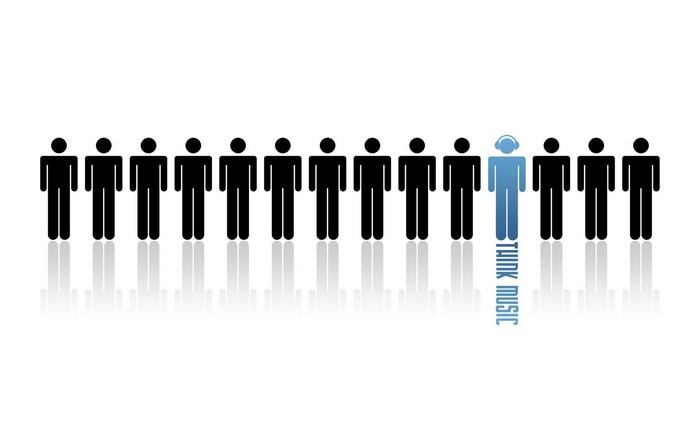 Line of stick figures with one wearing headphones