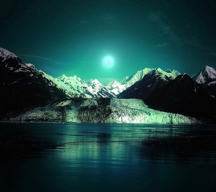 Moonlit Mountains and Glacier Overlooking Water
