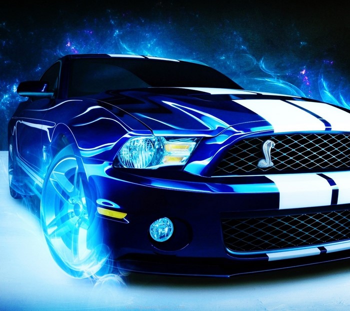 Blue Ford Shelby Mustang with White Stripes