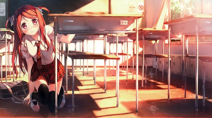 Anime girl in school uniform in a classroom