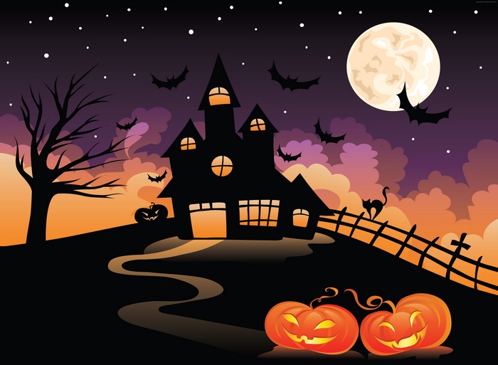 Halloween night with haunted castle, full moon, and bats