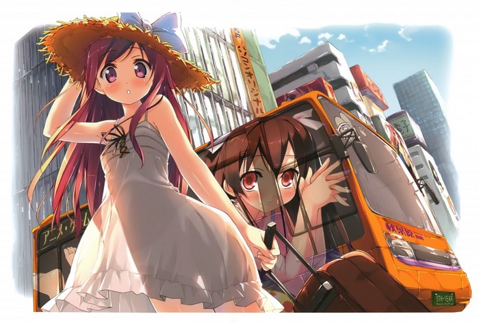 Anime girls with luggage in a city