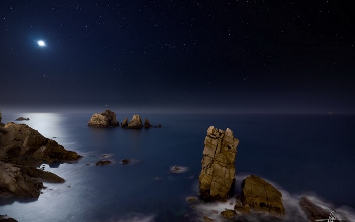 Moonlit night sea with rocks and stars