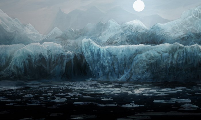 Arctic landscape with glaciers and ice floes under a bright sun