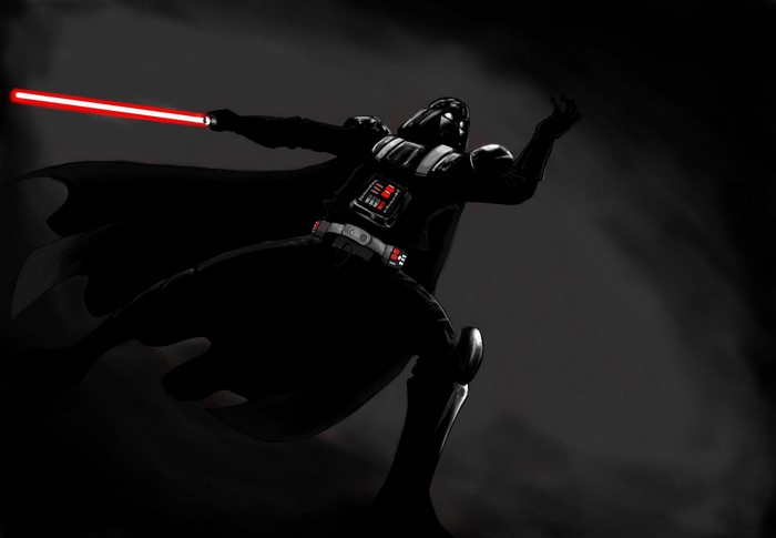Darth Vader from Star Wars with a red lightsaber
