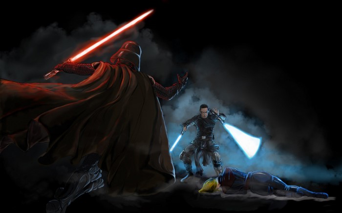 Darth Vader and two Jedi fighting