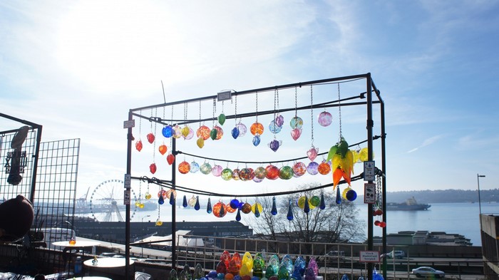 Seattle waterfront with glass ornaments and Ferris wheel