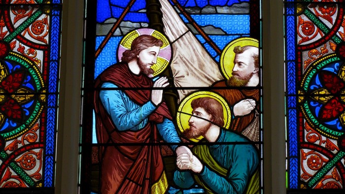 Jesus and disciples in stained glass window