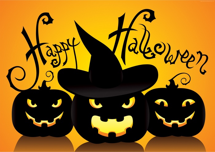 Happy Halloween pumpkins with witch hat