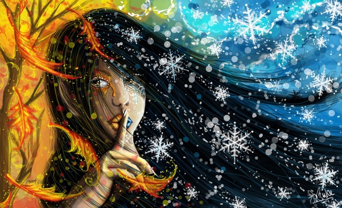 Woman representing seasons with autumn leaves and snowflakes