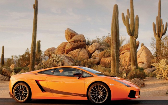 Orange Lamborghini Gallardo in a desert landscape