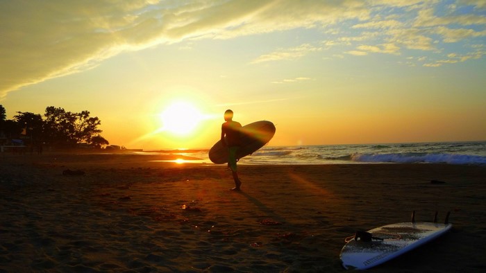 Surfer carrying surfboard on beach at sunset