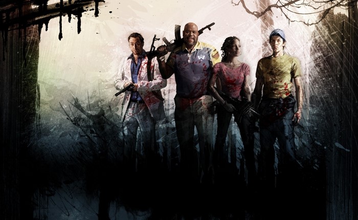 Four survivors from Left 4 Dead 2 in a dark forest