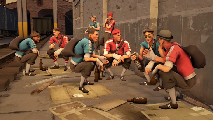Team Fortress 2 characters gathered on train tracks