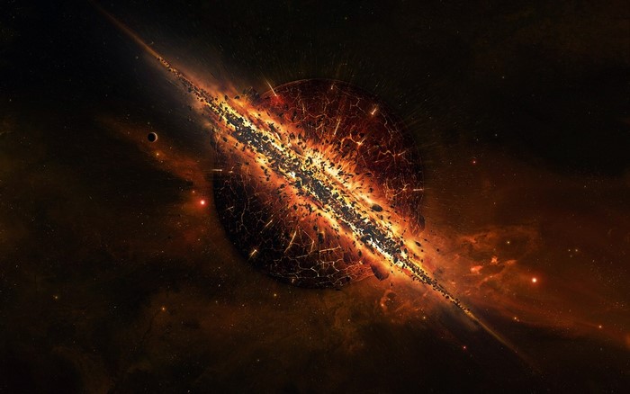 Exploding planet with asteroid belt in space