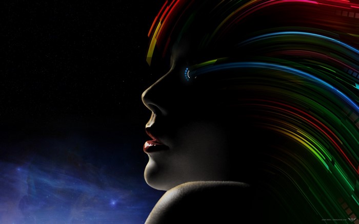 Woman with colorful hair and glowing eye in darkness