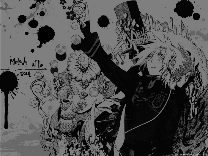 Allen Walker from D.Gray-man with clowns and musical notes