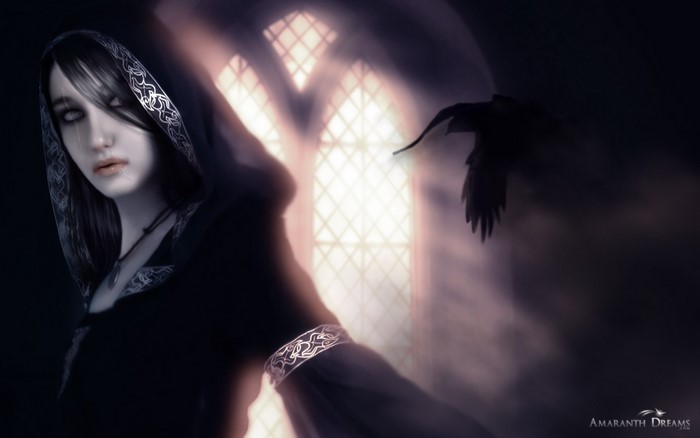 A woman in a black hood with a crow flying by a window