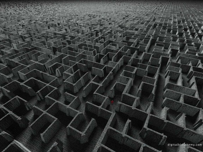 A lone figure in a vast stone maze
