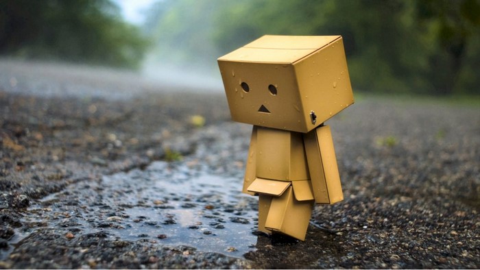 Danbo figure walking in the rain