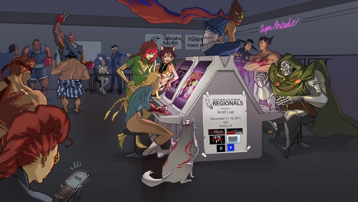 Characters from Street Fighter and Marvel vs Capcom 3 at an arcade