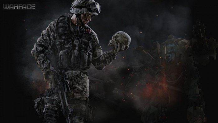 Warface soldier holding a skull with a mech in the background