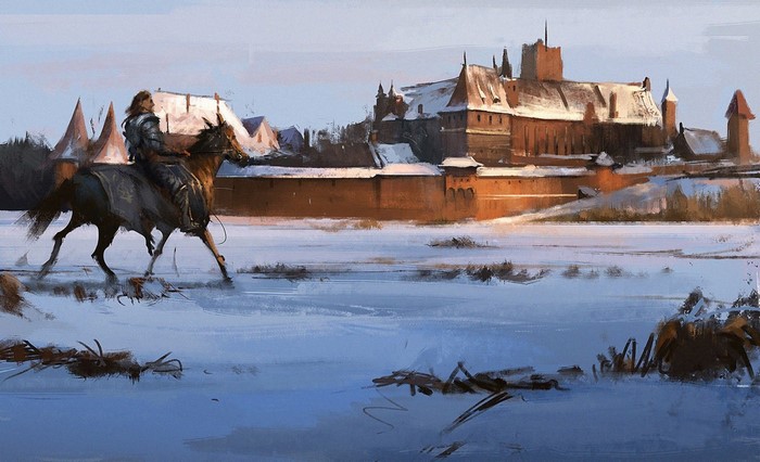 Knight on horseback in a snowy landscape with a castle